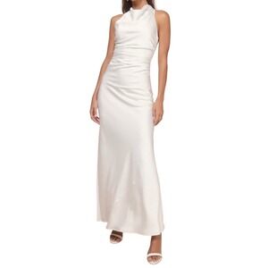 LULUS Halter Backless Maxi Dress Polyester Spandex White Satin Finish Size Small